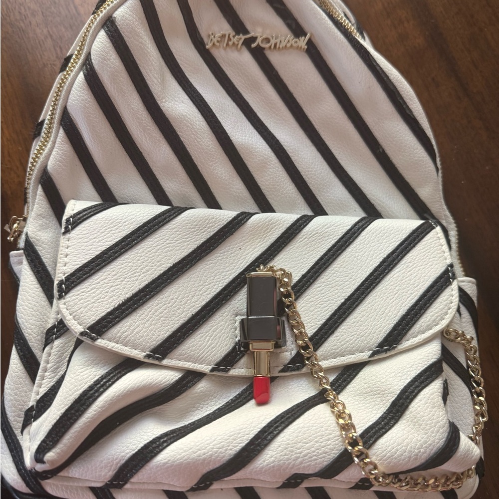 Betsey Johnson Striped Backpack with Lipstick Charm